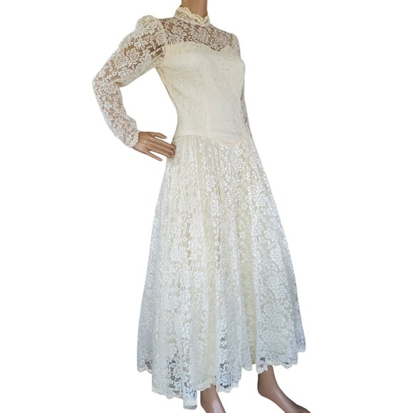 Vintage Victorian Wedding Dress XS Maxi Cream Lace Beads Tulle Lined Zip USA - Picture 9 of 15